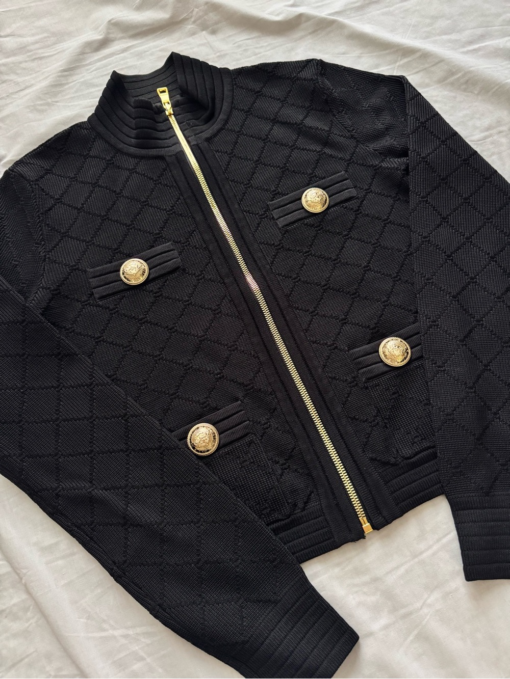 Authentic Balmain Black Diamond Knit Zip Jacket Gold Lion Buttons FR 38 US 6
